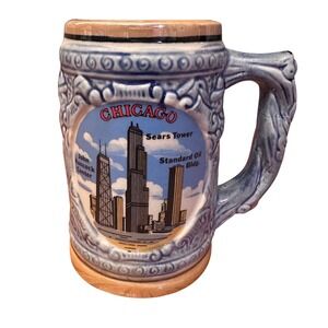 Vintage Chicago Skyline Beer Stein Japan Blue Ceramic Mug Sears Tower